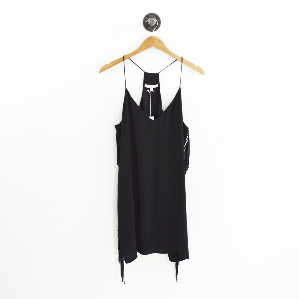 Lavender Brown black silk dress with side fringe details